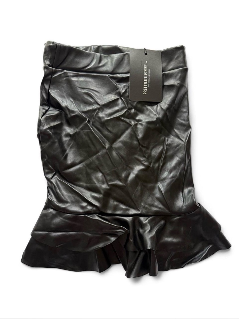 PrettyLittleThing Black Faux Leather Ruffle-Hem Mini Skirt | USA Size: 2